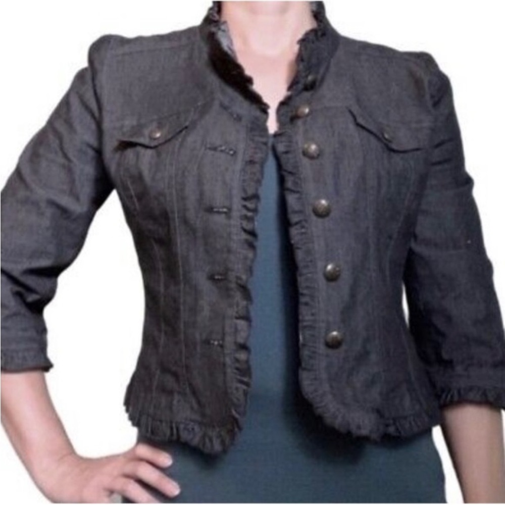 Sandro Ruffled Denim Military-Style Blazer Jacket Petite Small Dark Grey